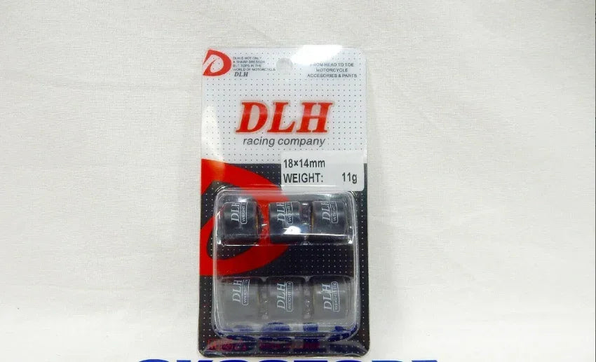 DLH Racing Company motorcycle accessories packaging with black labeled items, size 18x14mm, weight 11g