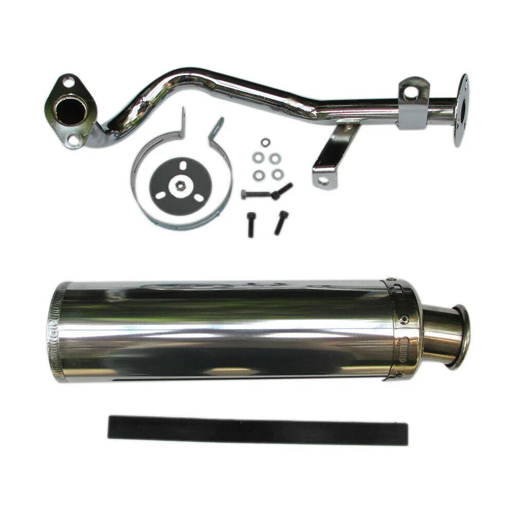 Silver exhaust system muffler for GY6 139QMB 50cc 4-stroke scooter engine, compatible with ChinesePartsUSA parts.