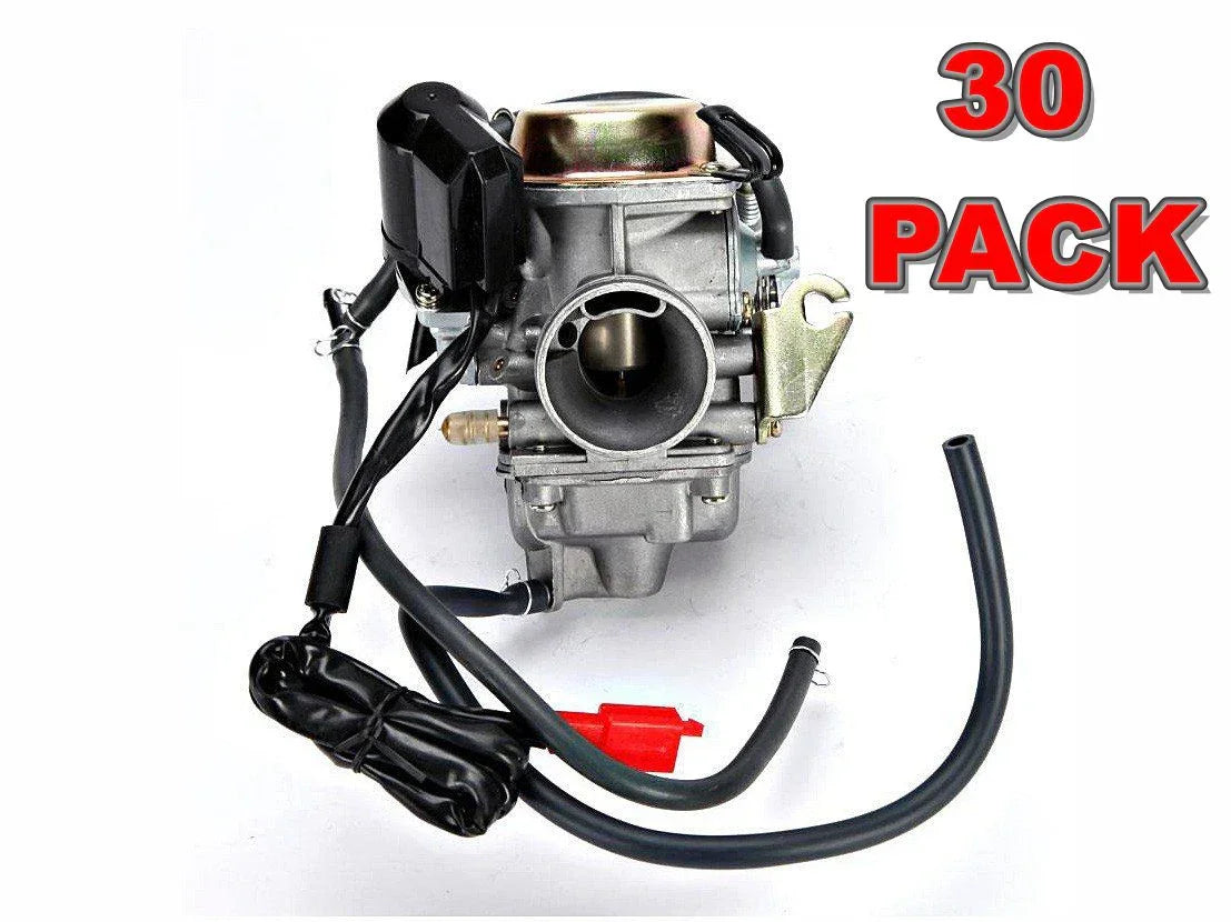 30mm carburetor for GY6 125cc 150cc engine by ChinesePartsUSA, featuring detailed design and connection points.