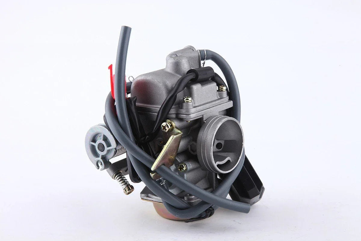 Carburetor for GY6 125cc 150cc engines by ChinesePartsUSA, featuring a sleek design and precise fittings.