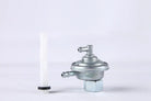 GY6 50cc fuel gas oil valve with filter for scooter or ATV, metal and plastic parts on white background