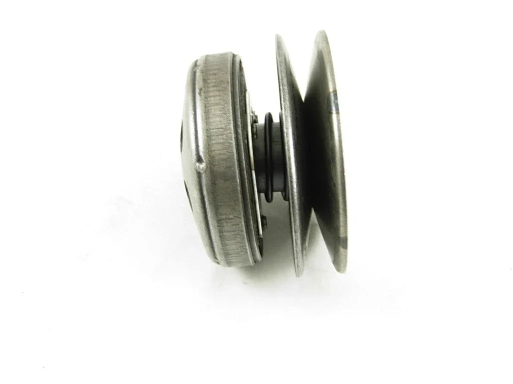 metal centrifugal clutch component with two round discs and spring mechanism on white background