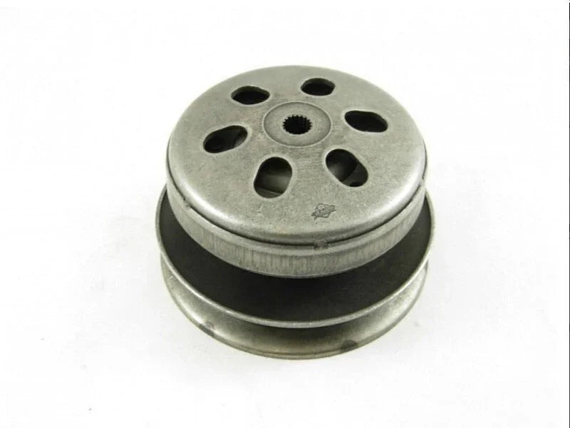 Metal centrifugal clutch with ventilation holes and central spline for small engine machinery