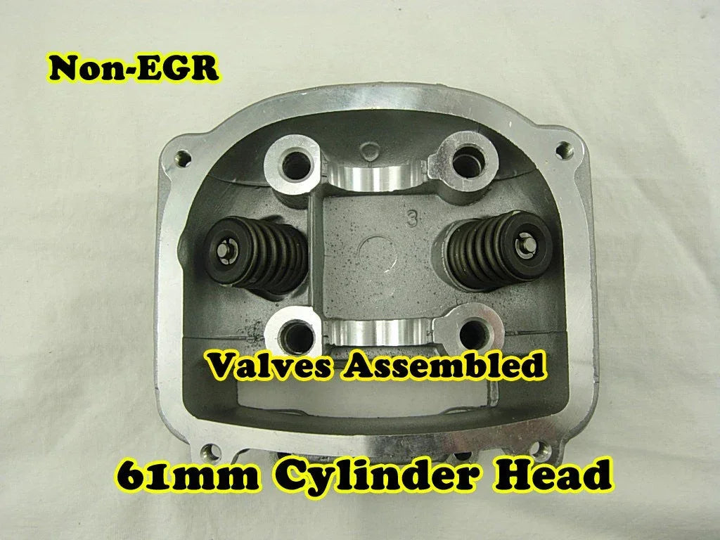 GY6 61mm non-EGR cylinder head with valves assembled for scooters or ATVs on white background