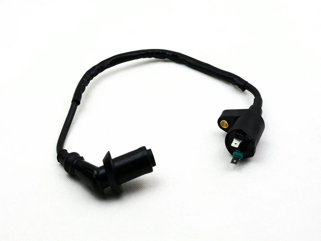 Ignition coil for GY6 50cc 150cc scooter or ATV, black cable with terminals on white background