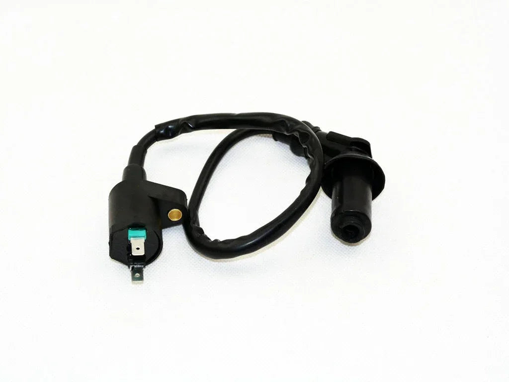 Ignition coil for GY6 50cc 150cc Chinese scooter or ATV, black with wiring, on white background