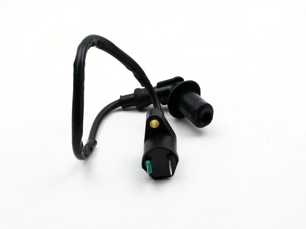 Black ignition coil for GY6 50cc 150cc Chinese scooter or ATV on white background