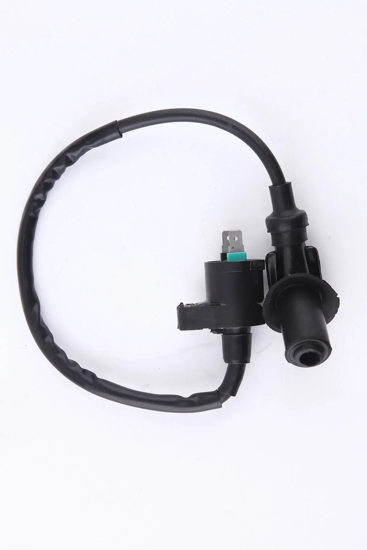 Ignition coil for GY6 50cc 150cc Chinese scooter ATV, black electrical part on white background