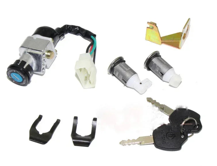 Ignition switch kit with keys, wiring, and mounting hardware for ATVs, dirt bikes, and scooters