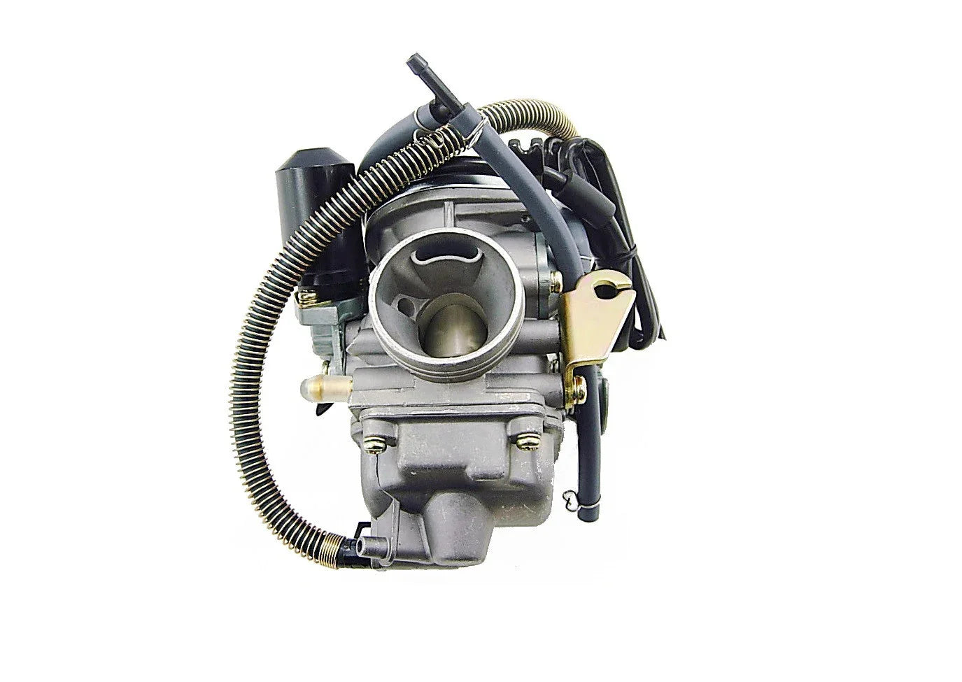 Close-up of silver motorcycle carburetor with attached hoses and black fittings on white background