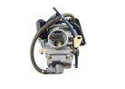 Close-up of silver motorcycle carburetor with attached hoses and black fittings on white background