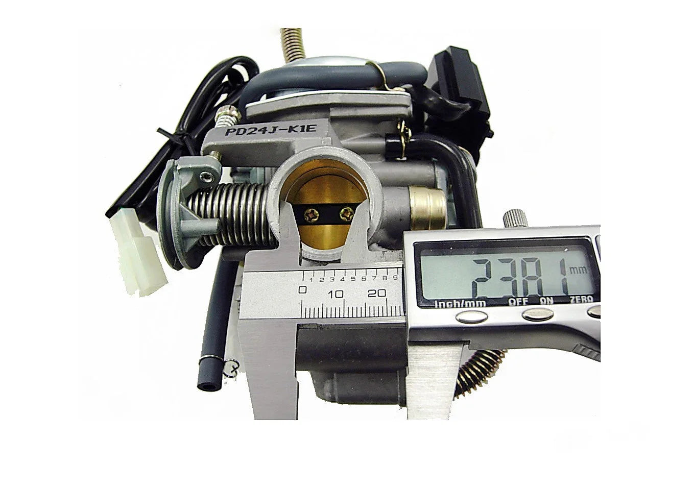 Caliper measuring 23.81 mm throttle body bore of PD24J-K1E carburetor