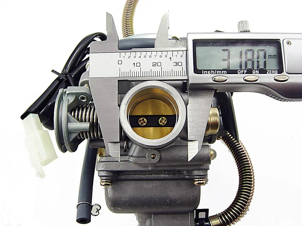 Digital caliper measuring 31.80 mm inside diameter of a motorcycle carburetor throttle body