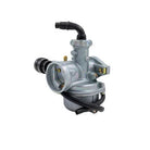 Silver carburetor for motorcycles, scooters, ATVs, and go-karts with black hoses and brass fittings