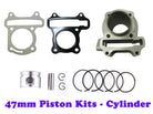 47mm piston kit with cylinder, piston, gaskets, piston rings, and clips on white background