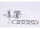 Metal piston kit with piston, wrist pin, circlips, and various piston rings with measurements