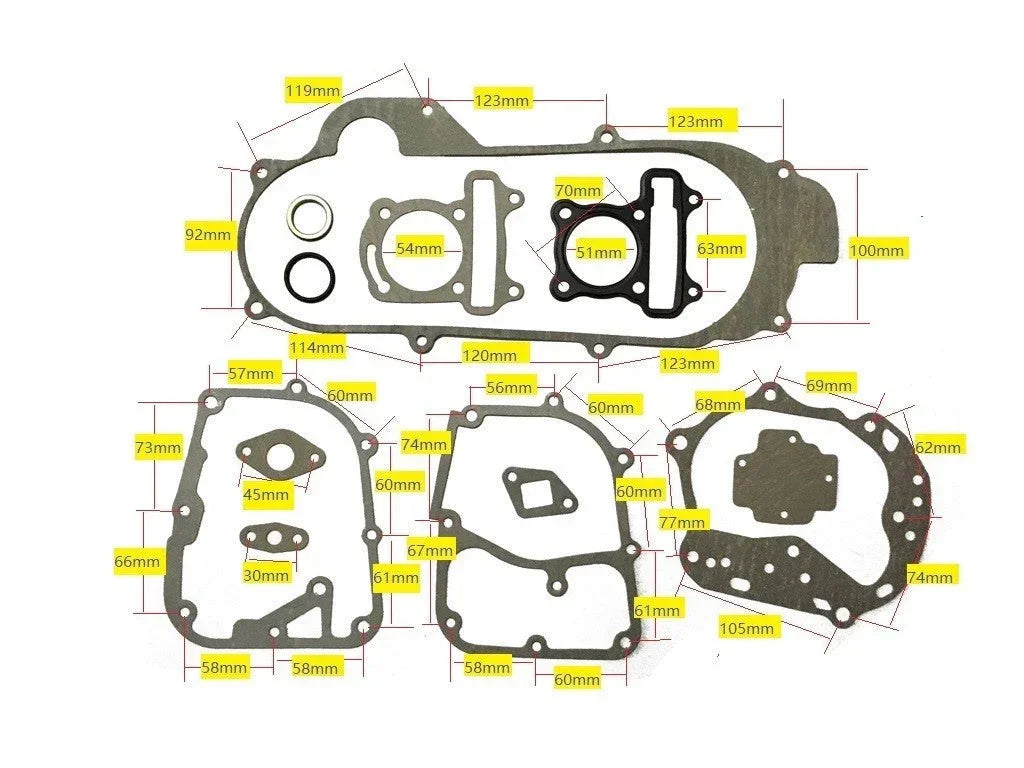 QMB139 50mm bore cylinder with short CVT case gasket set from ChinesePartsUSA, showing parts and gaskets for engine repair.