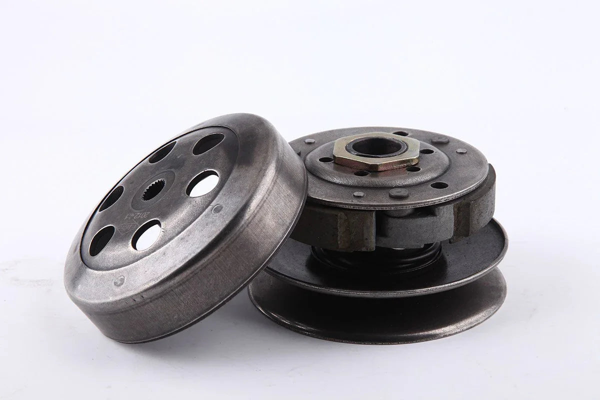 metal clutch assembly with tension springs and ventilated cover on white background