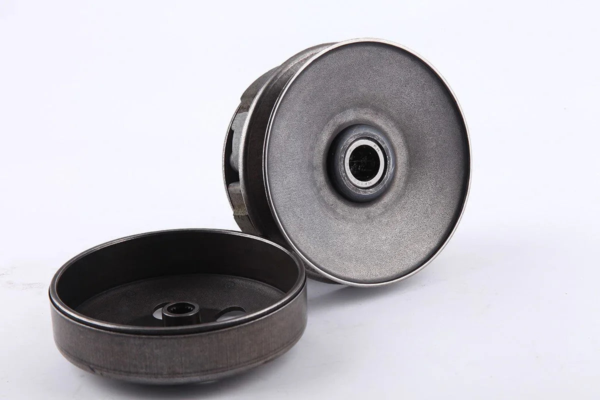 black metal clutch drum and sheave with central bearing isolated on white