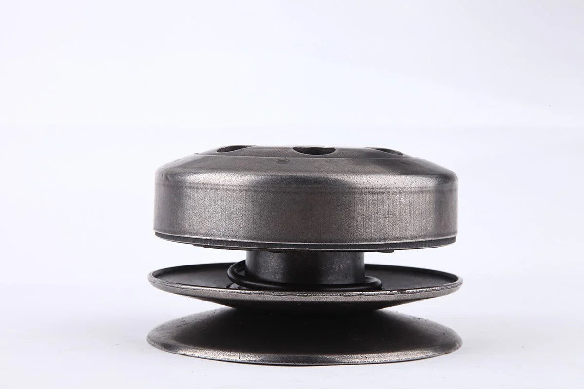 metal clutch pulley component with circular plates isolated on white background