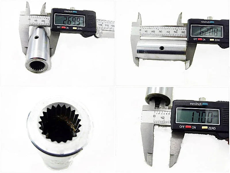 Metal variator shaft for CF250 250cc scooter measured with digital caliper, close-up views.