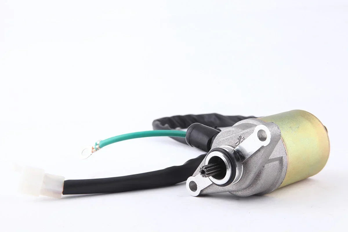 GY6 50cc electric starter motor with 10 teeth splines and attached wiring for scooter or ATV