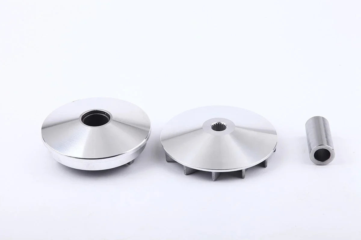 Silver variator kit parts for GY6 125cc 150cc scooter motorcycle, isolated on white background