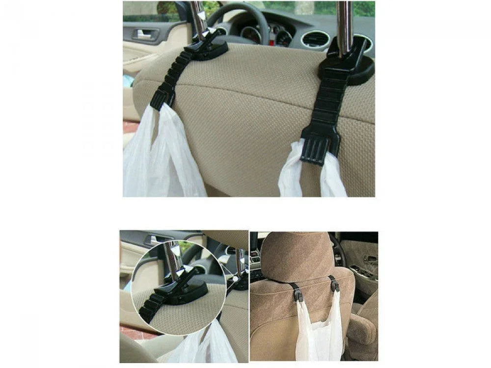 Black car seat headrest hooks holding shopping bags in a beige vehicle interior