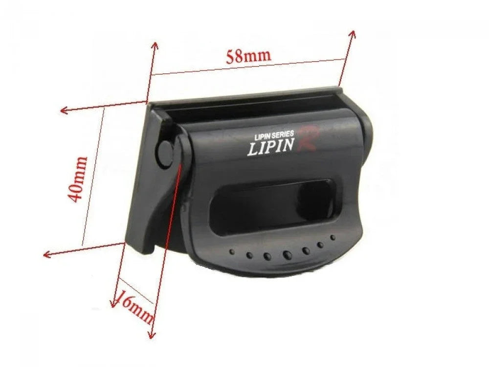 Black plastic seat belt strap buckle clip with measurements for vehicles, 58mm by 40mm by 16mm
