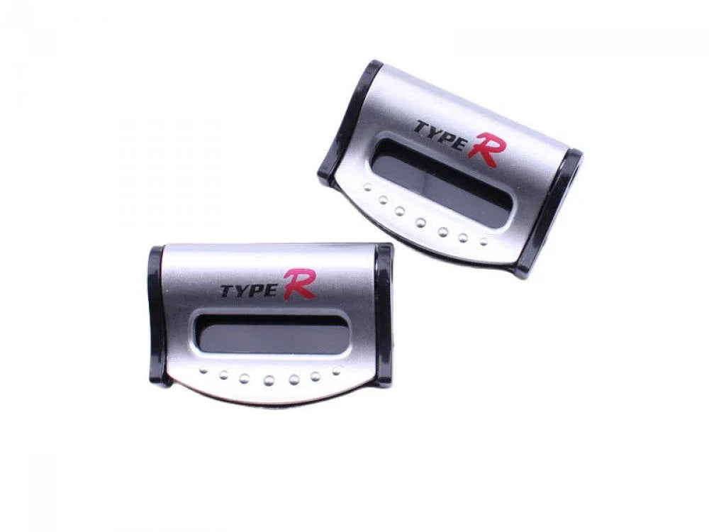 2 silver plastic seat belt buckle strap clips for vehicles, TYPE R text visible