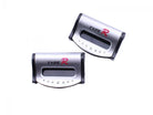 Two silver plastic safety seat belt strap buckle clips for vehicles, universal car accessories from ChinesePartsUSA.