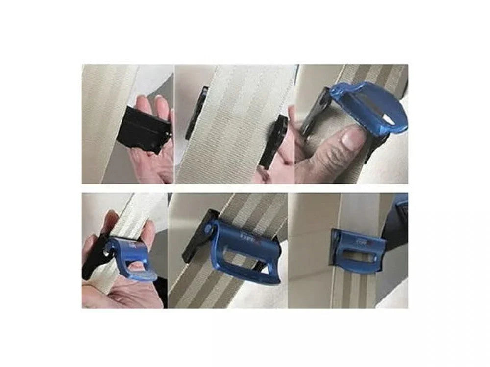 Car seat belt strap buckle clip in blue and black plastic shown in hand and installed