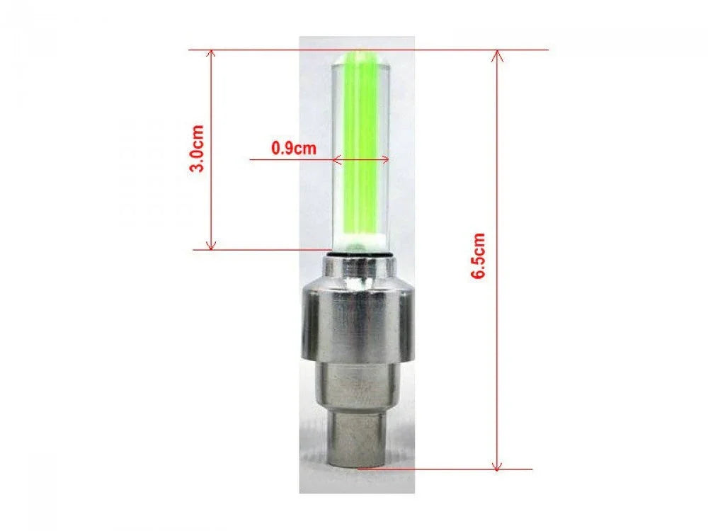 Universal neon LED wheel valve light for car or bike tire with green glow, 6.5cm length