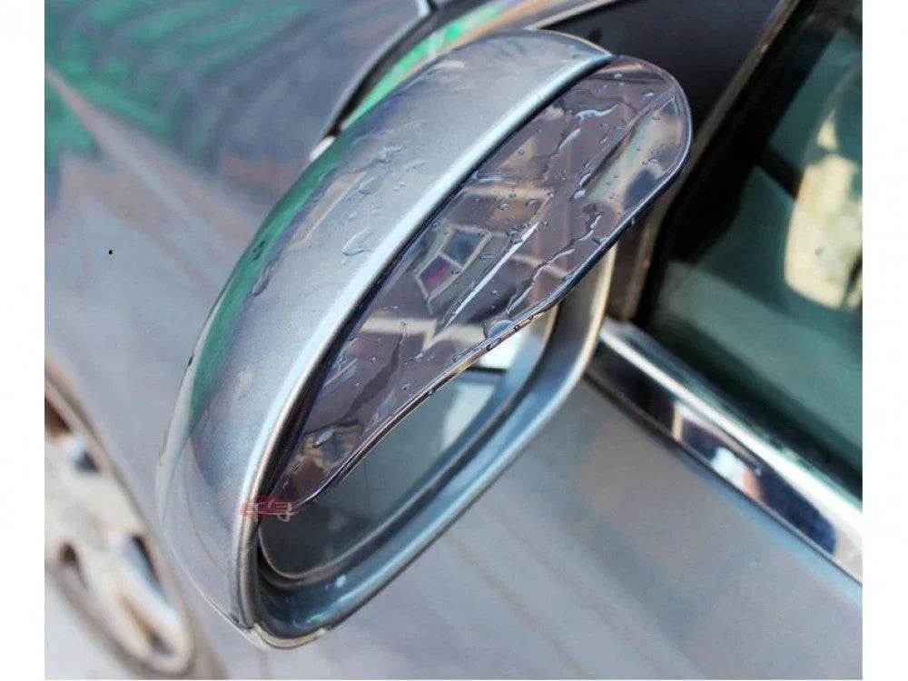 Two smoke-colored auto rear view mirror rainproof blade covers fitted on vehicle windows, designed for universal use by ChinesePartsUSA.