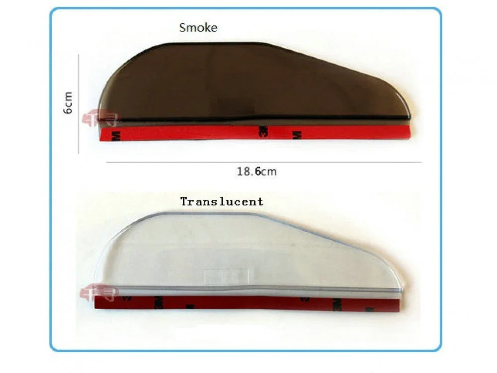Two universal rear view mirror rainproof blade covers in smoke and translucent colors, 18.6cm x 6cm.