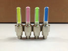 Two yellow LED car and bike tyre wheel valve lights by ChinesePartsUSA, neon LED accessories for bicycle and vehicle wheels.