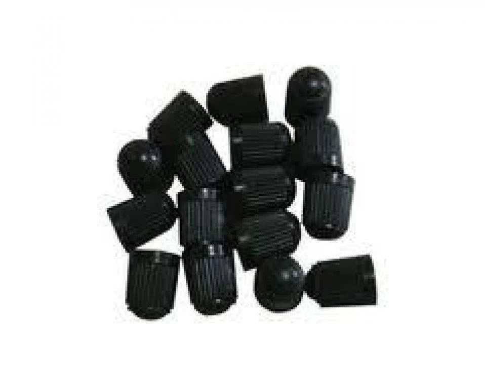 Pile of 24 black plastic tire valve stem caps for motorcycles, ATVs, and scooters