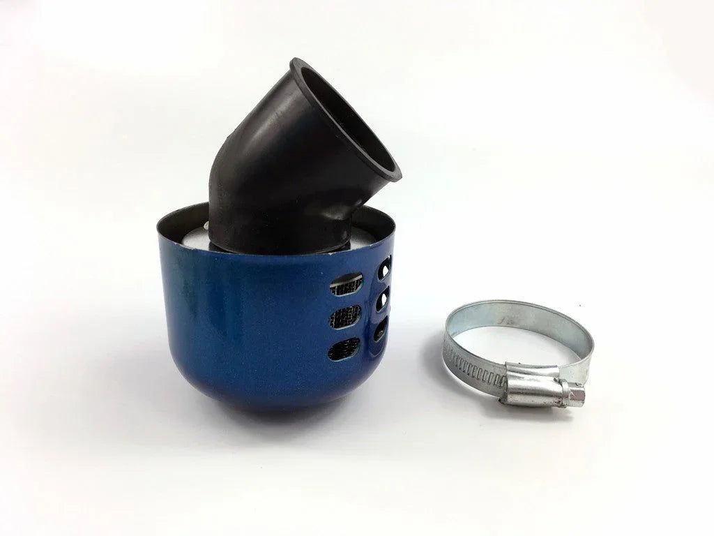 Blue metal air intake filter with black rubber elbow and silver hose clamp on white background