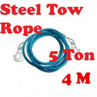 4M 5-ton steel tow rope with PVC jacket and drop-forged steel hooks, suitable for heavy-duty vehicle towing.