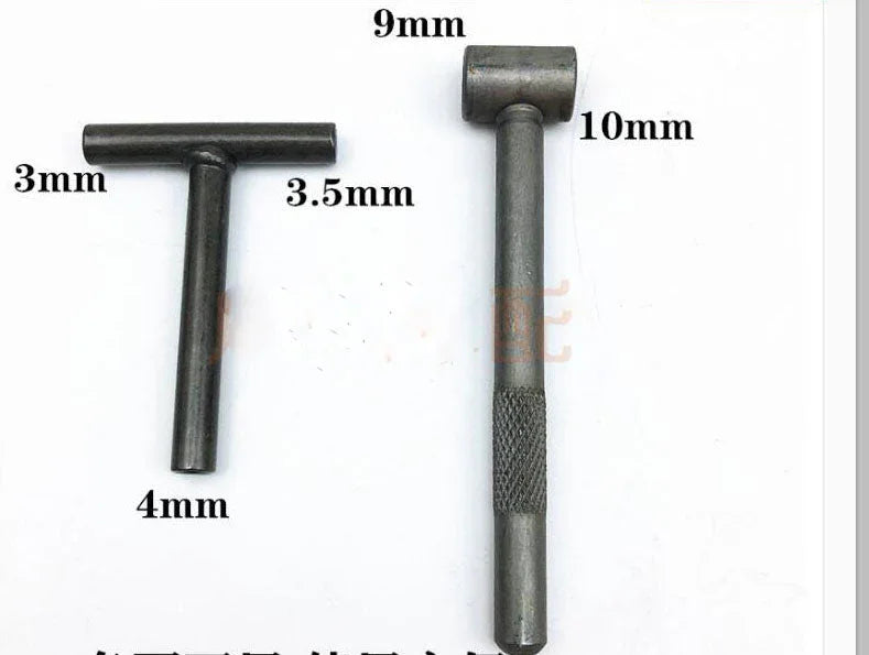 Valve tappet adjusting tool set with 3mm, 3.5mm, 4mm, 9mm, and 10mm heads on white background.