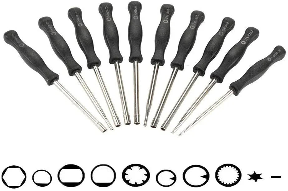 10-piece carburetor adjustment screwdriver set with various tool tip shapes, black handles