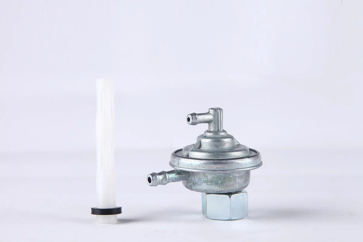 Metal fuel valve with filter screen on white background, automotive engine part