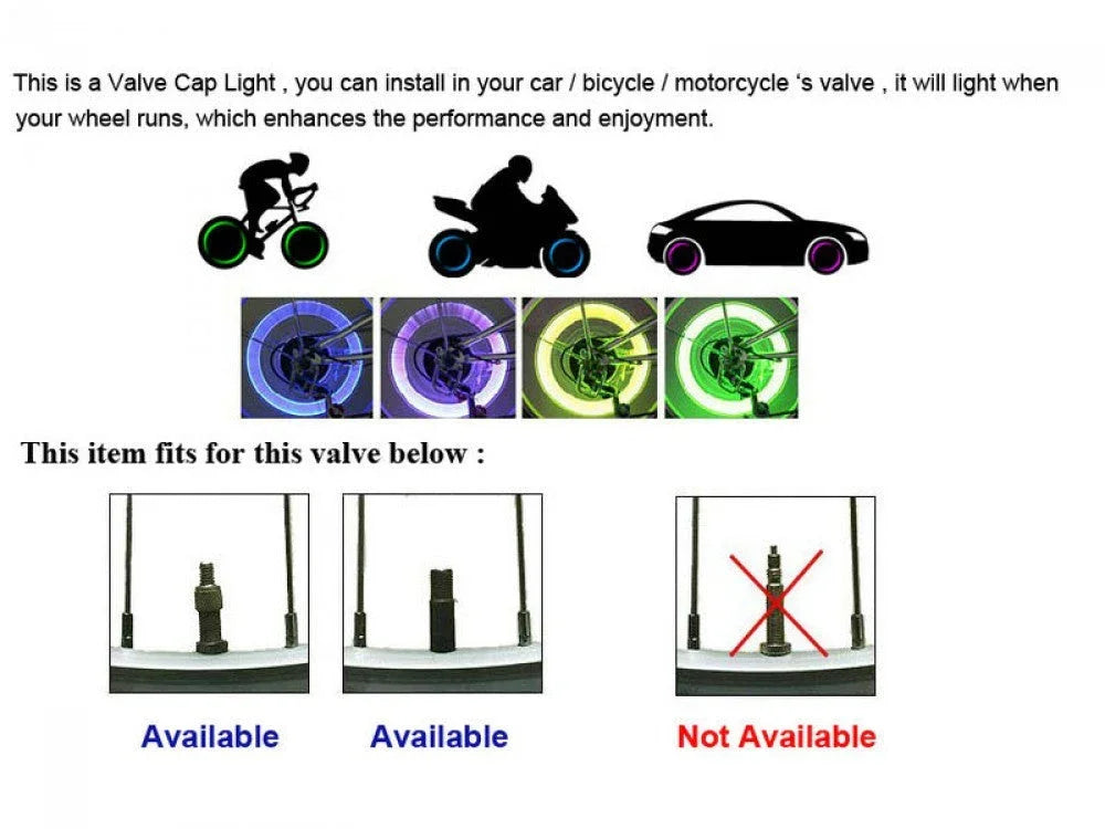 Valve cap light for car, bicycle, and motorcycle wheels, glowing in blue, purple, yellow, and green, fits specific valve types