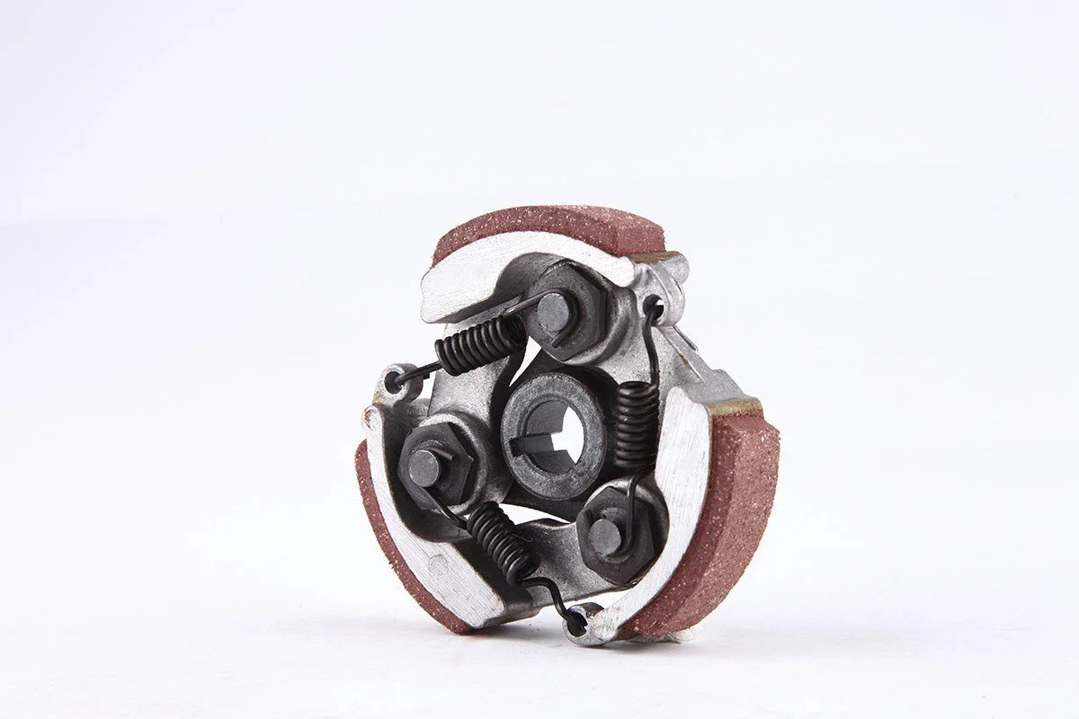 Small mechanical clutch assembly with three friction pads and springs on white background