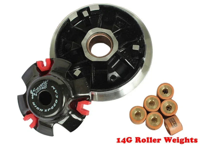High performance variator drive pulley with 14g roller weights, featuring a durable design and precision engineering.