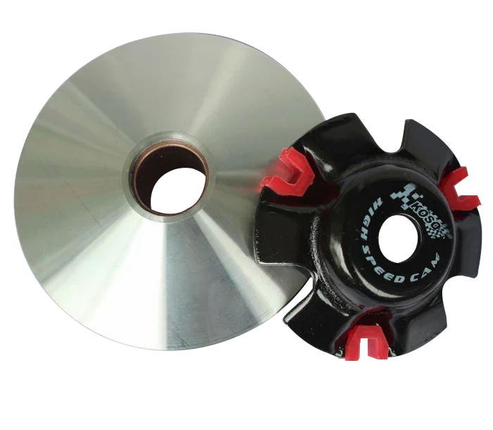 High performance variator drive pulley with 14g roller weights, showcasing detailed metal construction and precision design.