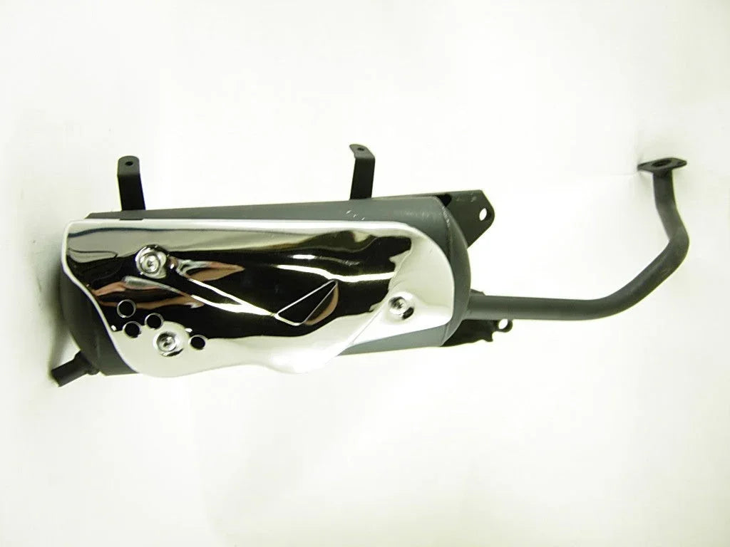 Car muffler by vendor-unknown, showing the cylindrical exhaust component with metal casing and inlet and outlet openings.