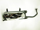 Car muffler by vendor-unknown, showing the cylindrical exhaust component with metal casing and inlet and outlet openings.