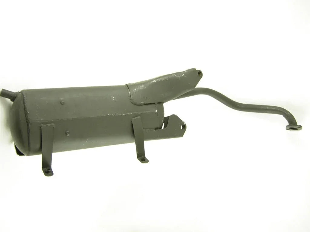 Car muffler from vendor-unknown, showing the cylindrical metal exhaust component with inlet and outlet pipes.