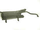 Car muffler from vendor-unknown, showing the cylindrical metal exhaust component with inlet and outlet pipes.